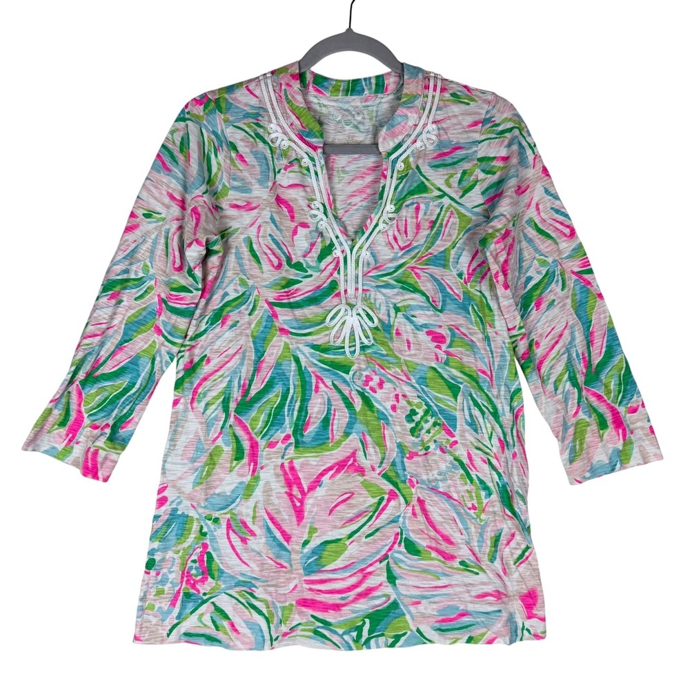Lilly Pulitzer Shirt Womens Small Multicolor V Neck Tunic 3/4 Sleeve Crochet